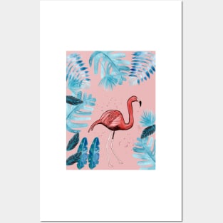 Flamingo with tropical leaves and a coral background Posters and Art